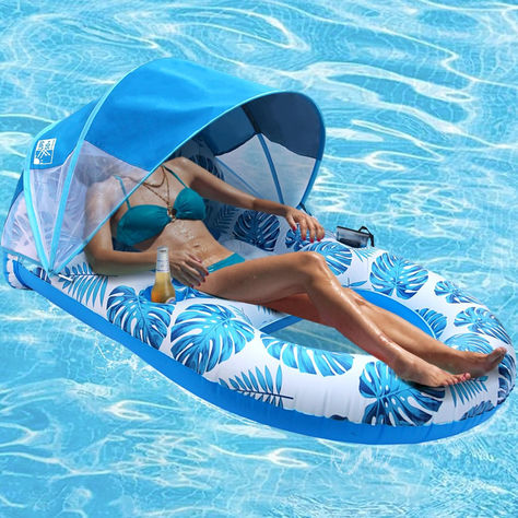 COOLCOOLDEE Pool Lounge Float with Canopy UPF50+,Extra Large Pool Floats for Adults Heavy Duty,Inflatable Lounger Float with Cup Holder & Backrest,Footrest Large Pool Floats, Relaxing Lounge, Pool Floats For Adults, Water Hammock, Pool Floaties, Pool Rafts, Inflatable Lounger, Big Pools, Large Pool