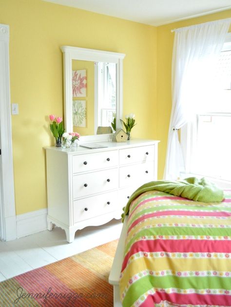 Tween girl bedroom idea with color and a cottage feel designed by Toms-Price Home Furnishings for the #loveyourneighbor design house. Bedroom Ideas For Yellow Walls, Blue Teen Girl Bedroom, Yellow Bedroom Ideas, Yellow Bedroom Decor, Yellow Room, Small Room Decor, Teen Girl Bedroom, Yellow Bedroom