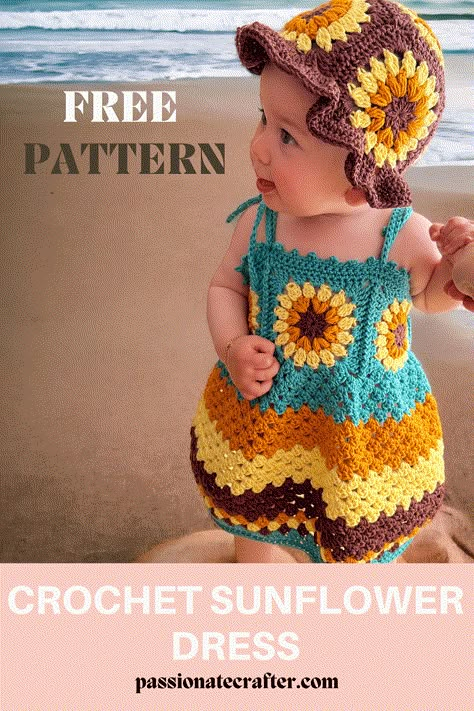 Crochet Sunflower Dress, Baby Sunflower, Crochet Baby Dress Free Pattern, Crochet Toddler Dress, Crochet Baby Projects, Crochet Baby Dress Pattern, Sunflower Dress, Crochet Toddler, Pola Amigurumi