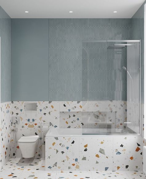 Bathroom With Terrazzo, Terrazzo Bathroom Design, Blue Wall Tiles, Bath Tile Design, Wallpaper Decor Ideas, Wallpaper Design Ideas, Terrazzo Bathroom, Bathroom Wallpaper Ideas, Small Bathroom Inspiration