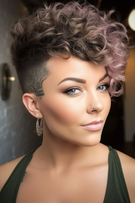 The Shaved Hair style trend's popularity is driven by its edgy and bold look, seen as attractive and a symbol of self-confidence. Half Shaved Hair Short Curly, Curly Half Shaved Hair, Short Curly Side Shave, Shaved Sides Curly Top, Very Short Permed Hair, Short Curly Faux Hawk, Short Curly Undercut Women, P Nk Hairstyles, Permed Mohawk