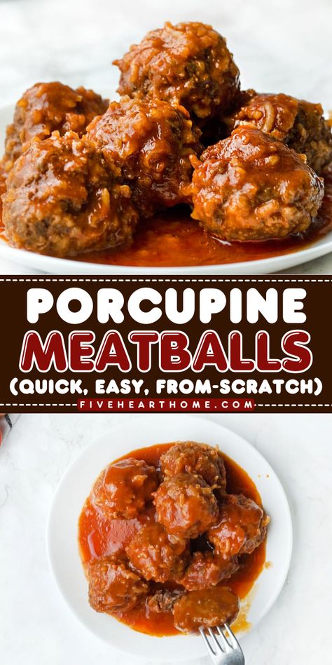 An easy family dinner in just one pot! This main course recipe features ground beef meatballs with rice. Cooked in a from-scratch tomato sauce, these homemade Porcupine Meatballs are kid-approved! Meatball With Rice, Meatballs With Rice Recipes, Porcupine Meatball Recipes, Porcupine Meatball Recipe, Porcupine Meatballs Crockpot, Meatballs With Rice, Rice A Roni Meatballs, Porcupine Meatballs Easy Tomato Soup, Porkie Pine Meatballs Ground Beef