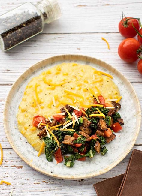 Vegan Cheese Grits with Greens and Tempeh Bacon - The Vegan Atlas Grits And Greens, Hominy Grits, Grits Breakfast, How To Cook Grits, Tempeh Bacon, Cheese Grits, Vegan Cheddar, Gluten Free Grains, Cereal Recipes