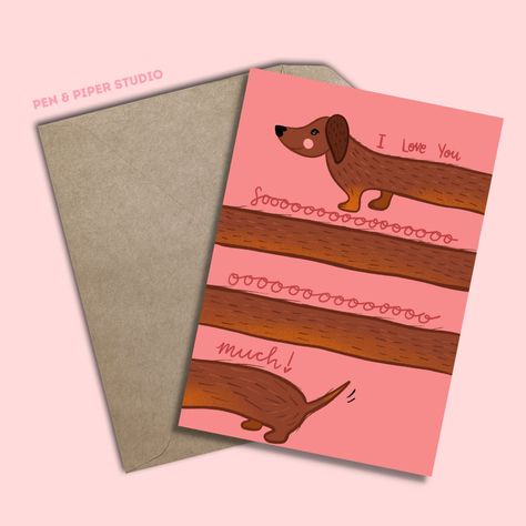 Hello, thank you for visiting Pen & Piper.  I am a Yorkshire based illustrator/designer. I love to create colourful and bold designs perfect for gifting!  A6 size 105mm x 148mm Sausage Dog greetings card perfect for giving to your special someone this Valentine's Day.  The card is blank inside and comes with a pink envelope.  If you have any questions please send me a message and don't forget to follow me on Instagram  @penandpiper_studio to keep up to date with my latest creations! Card For Loved Ones, Thank You For, I Love You Cards, I Love You Card, Cute Anniversary Cards, Thank You Card, Punny Cards, Creative Birthday Cards, Illustrated Cards