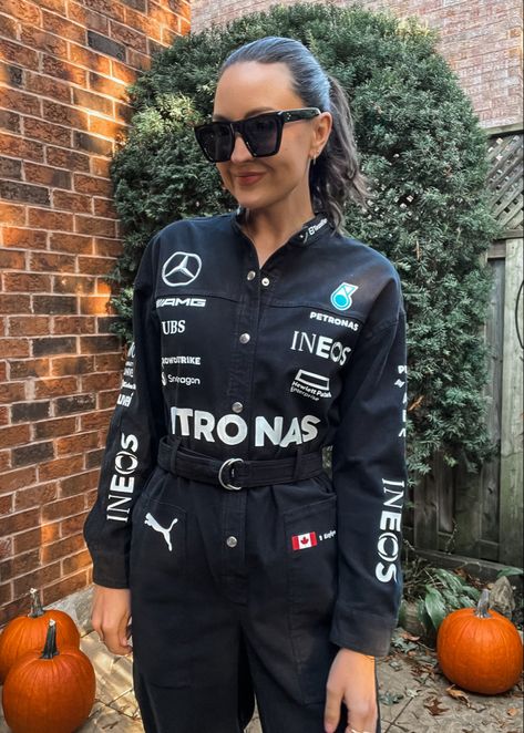 F1 Costume Women, F1 Driver Costume, F1 Halloween Costume, Racer Girl Costume, Formula 1 Halloween Costume, F1 Costume, Graduation Cap Decoration Diy, Mercedes F1, Womens Black Jumpsuit