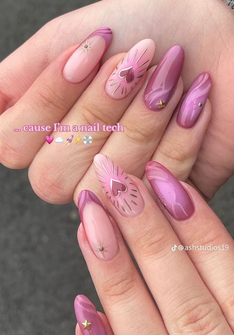 Pink New Years Nails, Girly Pink Nails, Pink And Purple Nails, Almond Gel Nails, Colourful Nails, Gel Manicures, Unghie Nail Art, Girly Acrylic, Nail Looks