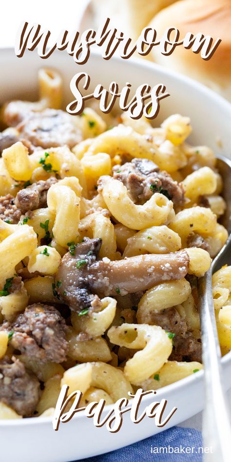 This Mushroom Swiss Cheeseburger Pasta is a mouthful, quite literally! It is a light and refreshing version of a traditionally heavy dish that will leave you begging for more! #mushroompasta #mushroomswisspasta #pastarecipe #hamburgerrecipes #recipes #pasta #iambaker Mushroom Cavatappi, Cheeseburger Pasta, Recipes Pasta, Mushroom Pasta, Pasta Lover, Swiss Cheese, Linguine, Cheese Sauce, Tortellini