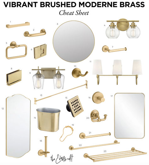 Studio McGee for Kohler, Vibrant Brushed Moderne Brass finish, cheat sheet Kohler Brass Bathroom Fixtures, Kohler Vibrant Brushed Bronze, Kohler Castia By Studio Mcgee, Studio Mcgee Kohler, Studio Mcgee Bathroom, Brass Bathroom Fixtures, Coastal Mediterranean, Santa Barbara Style, Brass Shower