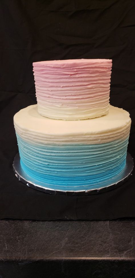 2 tier blue and pink ombre cake 2 Tier Gender Reveal Cake, Blue And Pink Ombre Cake, Blue Green Ombre Cake, Blue Purple Ombre Cake, Blue Ombre Buttercream Cake, 3 Tier Birthday Cake, Light Pink Birthday, Blue Rosette Cake Ombre, Pink Ombre Cake