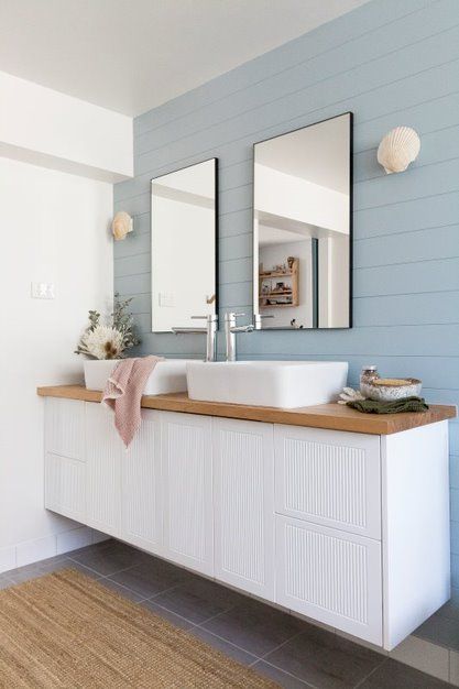 Duck Egg Blue Bathroom, Blue Feature Wall, Bathroom Tour, Barwon Heads, Shell Lights, Blue Bathroom Walls, Light Blue Bathroom, Second Bathroom, Tranquil Bathroom