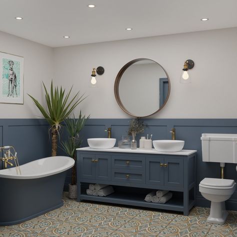 Bathroom Inspiration Gallery 2024 Dark Blue Toilet Room, Bathroom Ideas Panelling, Dusty Blue Bathroom Ideas, Stiffkey Blue Bathroom, Bathroom Blue Walls, Small Blue Bathroom Ideas, Indigo Bathroom, Washroom Design Ideas, Panelled Bathroom