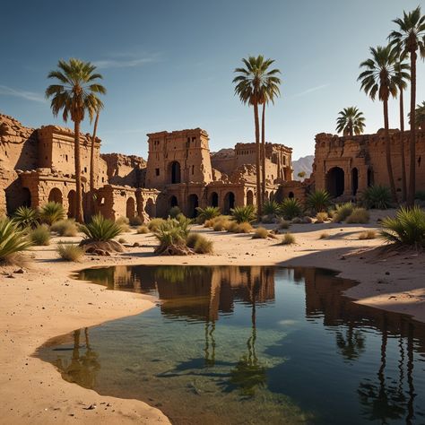 Forgotten Oasis: Ruins of a Desert Civilization,  on ArtStation at https://www.artstation.com/artwork/BXBNrA Desert Oasis Concept Art, Desert Civilization, Desert Structure, Desert Oasis Aesthetic, Oasis In Desert, Sand Structure, Desert Market, Desert Building, Desert Culture