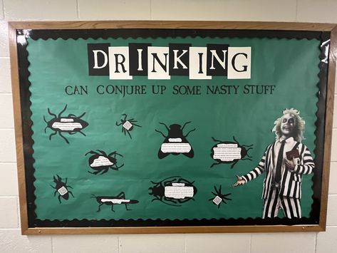 Resident Assistant (RA) Bulletin Board Beetlejuice Bulletin Board Ideas, Ra Bulletin Board Alcohol, Ra Halloween Programs, Beetle Juice Bulletin Board, Halloween Ra Events, Ra Information Bulletin Board, Beetlejuice Bulletin Board, Fall Ra Bulletin Boards, Halloween Ra Bulletin Boards