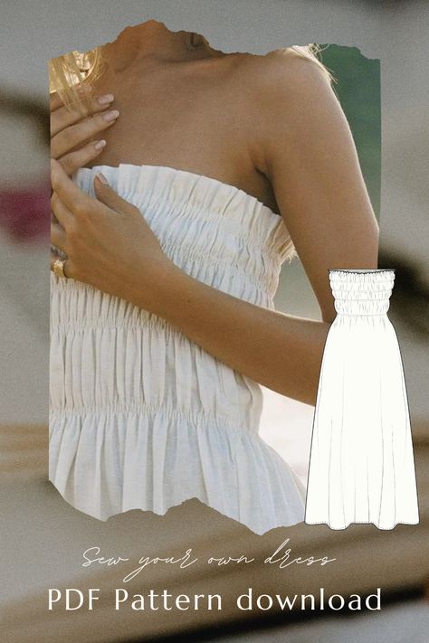 A shirred strapless summer dress for a pdf sewing pattern. Feminine woman in a long white linen dress. Easy Bodice Pattern Free Sewing, Shirring Dress Pattern, Easy Flowy Dress Pattern, Summer Sewing Patterns For Women, Strapless Top Sewing Pattern, Shirred Top Pattern, Strapless Top Pattern, Easy Dress Pattern For Women, Mexico Wardrobe