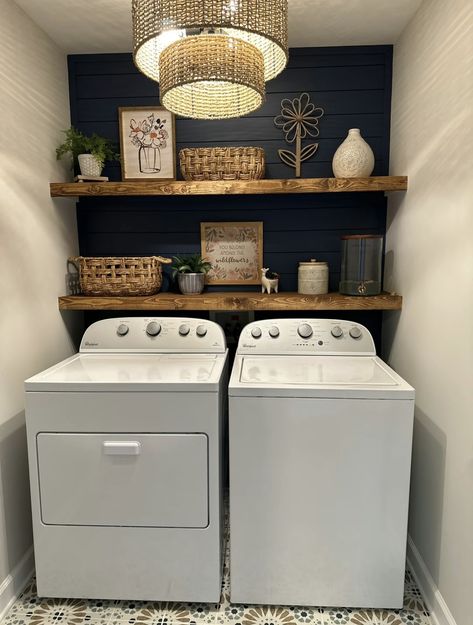 Laundry Wallpaper, Laundry Room Decor Ideas, Laundry Room Organization Ideas, Garage Laundry Rooms, Narrow Laundry Room, Laundy Room, Laundry Room Update, Laundry Shelves, Laundry Room Ideas Small Space