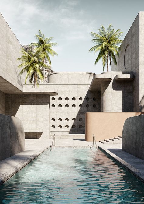 House with pool- Brutalism on Behance Casa Cook, Brutalism Architecture, Brutalist Architecture, Hospitality Design, Affordable Housing, Brutalism, Pool Houses, Urban Landscape, 인테리어 디자인