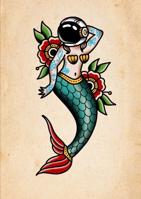 I will draw traditional tattoo design for you Traditional Surfboard Tattoo, Old School Color Tattoo, Old School Mermaid Tattoo, American Traditional Mermaid Tattoo, Traditional Sea Tattoo, American Old School Tattoo, Mermaid Tattoo Meaning, Traditional Mermaid, Traditional Mermaid Tattoos