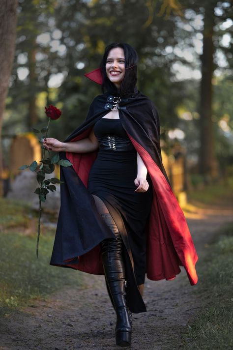 https://sagittariuscraft.etsy.com

This high quality vampire / gothic / victorian cloak with a high collar is made out of pure black wool and lined with red cotton. It is perfectly suitable for many occasions such as thematical weddings, Halloween parties, photoshoots, LARPs, masquerades and so on. This cloak is both practical (wool provides warmth and weather protection) as well as creates a captivating image.

#vampire #gothic #goth #cloak #dracula #gothgirl #fantasy #altgirl #victorian Vampire Clothes Women, Halloween Vampire Outfit, Vampire Halloween Costume Ideas, Steampunk Cloak, Victorian Vampire Outfit, Dracula Outfit, Vampire Costume Ideas, Victorian Cloak, Victorian Vampire Costume