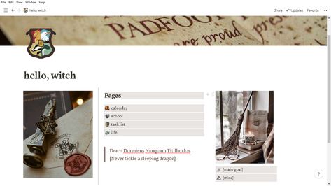 aesthetic harry potter layout in notion <3 Hogwarts Notion Template, Notion Harry Potter Template, Hogwarts Notion, Harry Potter Notion, Autumn Notion, Notion Photos, 2023 Notion, Notion Layout, Notion Templates For Students