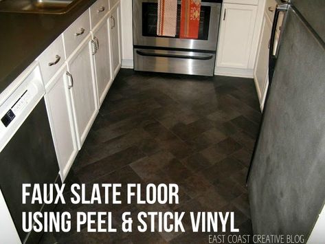 DIY Herringbone "Tile" Floor Using Peel & Stick Vinyl {Knock It Off} – East Coast Creative Blog Herringbone Floor Pattern, Herringbone Tile Floor, Herringbone Tile Floors, Peel And Stick Floor, Home Improvement Loans, Slate Flooring, Herringbone Floor, Herringbone Tile, Kitchen Floor Tile