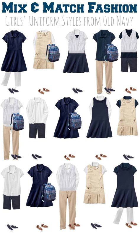 7.27 Mix & Match Fashion - GIRLS School Uniforms from Old Navy VERTICAL Toddler School Uniforms, Fashion Teenage School, School Uniform Pants, School Uniform Kids, School Uniform Fashion, School Uniform Outfits, Kids Uniforms, Casual School Outfits, Girls School