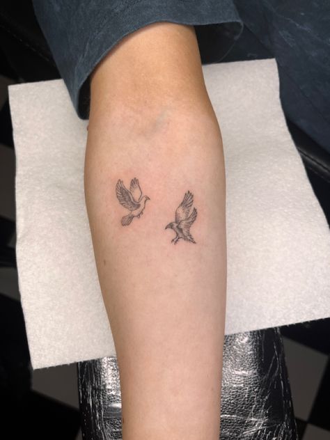 Raven Dove Tattoo, Doves And Ravens Tattoo, Eagle And Dove Tattoo, Dainty Raven Tattoo, Dove Tattoo Aesthetic, Raven And Dove Tattoo, Dove Tattoo Wrist, Dove And Raven Tattoo, Two Doves Tattoo