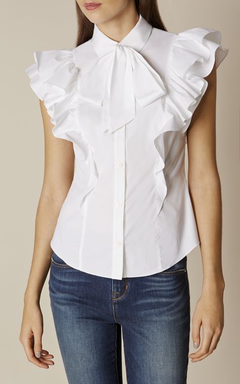 Karen Millen, THE  SUPER FRILL SHIRT White Camisa Blanca Outfit, Fashion Outfits Aesthetic, Spring Summer Capsule Wardrobe, Frill Shirt, Tie Neck Shirt, Iranian Women Fashion, Outfit Mujer, White Sleeveless Blouse, Pretty Blouses