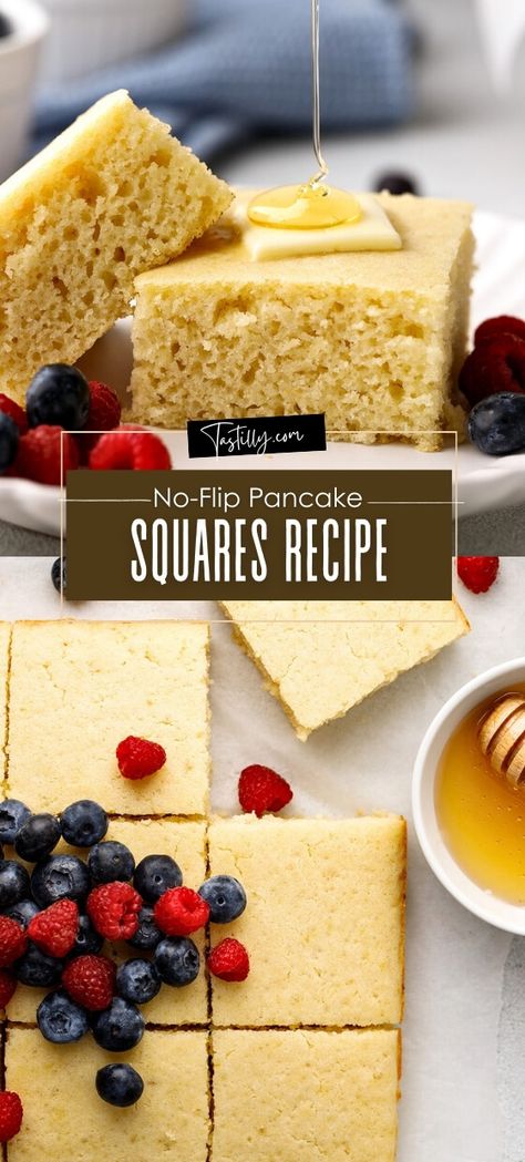 Simple No-Flip Pancake Squares Recipe - Tastilly Pancake Bars, Pancake Squares, Pancake Ingredients, Pancake Bar, Basic Pancakes, Pancake Toppings, Baked Pancakes, Square Recipes, Pancakes Ingredients