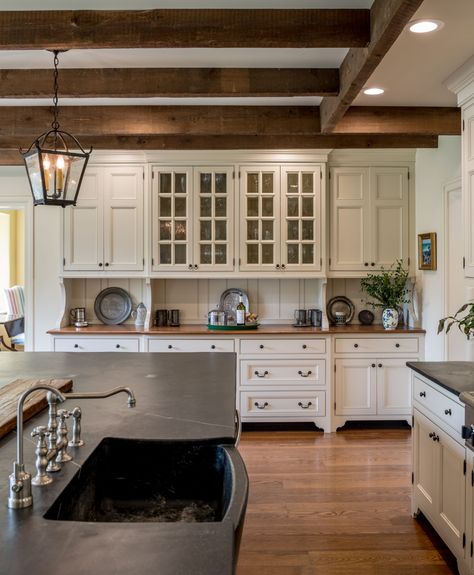 Beam In Kitchen, Soapstone Sink, Dapur Rustic, Period Architecture, Beamed Ceilings, Model Dapur, Colonial Kitchen, Kabinet Dapur, Countertop Surfaces