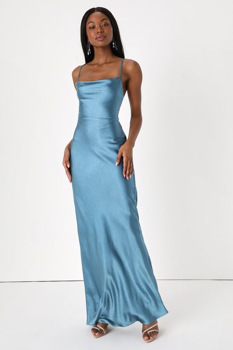 Slate Blue Maxi Dress - Lace-Up Maxi Dress - Satin Maxi Dress - Lulus Silk Prom Dress, Blue Satin Dress, Column Skirt, Blue Dress Formal, Prom Dress Inspiration, Cute Prom Dresses, Maxi Dress Wedding, Blue Bridesmaid Dresses, Grad Dresses