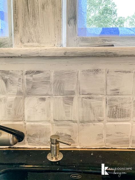 White Washing Tile Backsplash, Plaster Over Tile Backsplash, White Wash Tile Backsplash, Paint Backsplash Tile Before And After, Whitewash Tile Backsplash, Square Tile Backsplash Kitchen, Painted Tile Backsplash, Textured Tile Backsplash, Can You Paint Tile