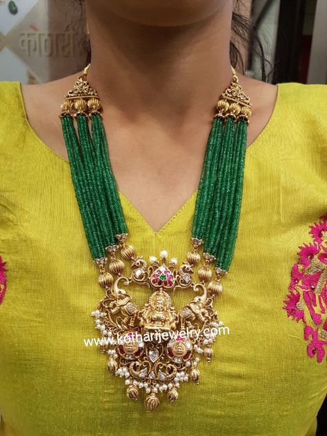 Lakshmi Pendant Emerald Beeds Necklace Ruby Beaded Jewelry, Gold Pendant With Beads, Emralds Beeds, Beads Haram Gold, Green Emerald Necklace Indian, Emerald Beads Jewelry Indian, Rubies Jewelry Necklaces Beads, Emerald Beads Jewellery, Green Beads Jewellery Designs