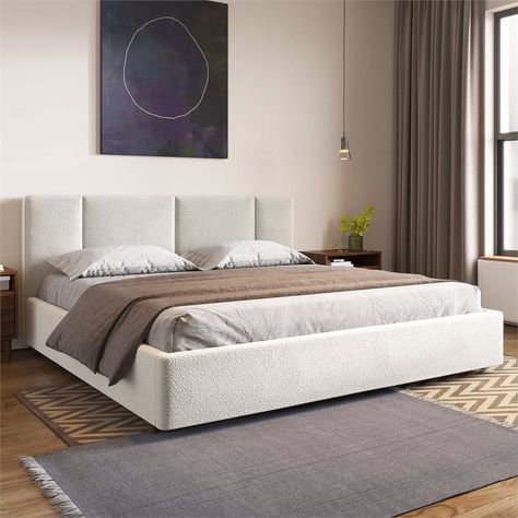 Omax Decor Venice Upholstered Platform King Bed in Cream Beige Boucle Fabric - Walmart.com King Size Platform Bed, Apartment Vibes, Adjustable Bed Base, Box Spring Bed, Padded Headboard, King Bed Frame, Wall Designs, Headboard Designs, Tufted Headboard