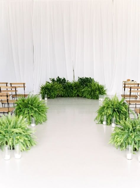 Photographer: http://www.marialamb.co | Read More: https://www.stylemepretty.com/2017/09/20/an-intimate-washington-wedding-with-modern-styling/ Fern Wedding Decor, Ceremony Decorations Church, Wedding Ceremony Decorations Church, Wedding Aisles, Wedding Ceremony Chairs, Fern Wedding, Wedding Plants, Wedding Ceremony Ideas, Ceremony Chairs