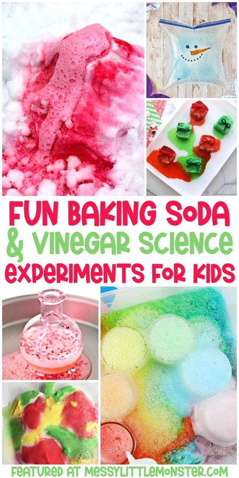 Baking Soda and Vinegar Experiments Science Experiments For Kids At Home, Vinegar And Baking Soda Experiment, Baking Soda And Vinegar Experiment Kids, Spring Experiments, Vinegar Experiments, Preschool Science Experiments, Baking Soda Experiments, Easy Science Experiments For Kids, Fun Experiments For Kids