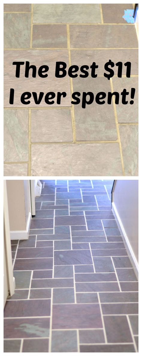 Learn how to update grout to look like new. This gives this floor a new life! Great change. #grout #tile #diy #floor Kitchen Grout, Diy Kitchen Flooring, Grout Renew, Room Floor Tiles, Floor Tile Grout, Slate Floor, Floor Grout, Painting Tile Floors, Painted Slate