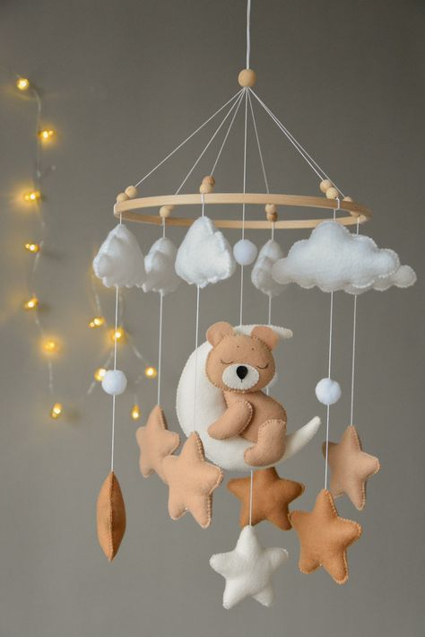 Beige , Brown Baby Mobile With Sleeping Bear, Baby Bear Nursery Mobile, Moon, Stars and Clouds Crib Mobile, Boho Nursery Mobile, Animals - Etsy Bear Nursery Theme, Baby Bear Nursery, Gender Neutral Baby Nursery, Teddy Bear Nursery, Handmade Mobile, Baby Print Art, Bear Felt, Bear Nursery Decor, Baby Event