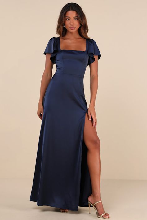 Ultimate Sweetness Navy Blue Satin Flutter Sleeve Maxi Dress Slate Blue Maxi Dress, Prom Dress Short Sleeve, Navy Blue Long Dresses, Wedding Guest Dress Navy Blue, Maxi Dress With Sleeves Outfit, Navy Blue Winter Formal Dresses, Slip Dress With Sleeves, Wedding Guest Dresses With Sleeves, Aesthetic Short Dresses