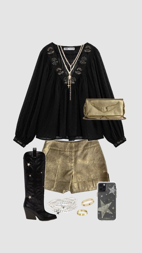 golden metallic shorts - black blouse - black cowboy boots - gold and silver jewellery - zadig et Voltaire golden bag - outfit inspo look soirée Black Blouse Outfit, Golden Bag, Black Cowboy Boots Outfit, Black Cowboy Boots, Metallic Shorts, Black Cowboy, Gold Shorts, Stockholm Fashion, Blouse Outfit