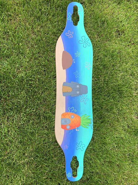 Hand painted longboard spongebob themed bikini bottom Long Board Painting Ideas Aesthetic, Bottom Of Skateboard Painting Ideas, Long Board Designs Paint, Skate Board Paintings, Longboard Painting Ideas, Painted Longboard, Long Board Designs, Custom Longboard Art, Painted Skateboard