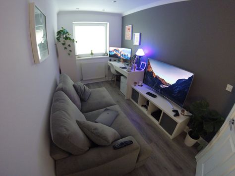 Home Office and Gaming Room Setup Home Office And Chill Room, Office And Chill Room, Gaming Chill Room, Small Office Gaming Room, Living Room And Game Room Combo, Chill Gaming Room, Small Gaming Room, Small Gaming Room Ideas, Living Room Office Combo