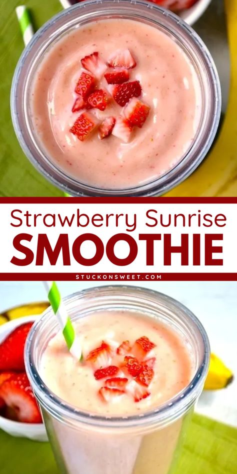 Summer breakfast recipes? Here's an easy strawberry sunrise smoothie you don't wanna miss! This best smoothie recipe is simple, creamy, sweet, and tangy. Just add frozen yogurt, strawberries, banana, orange juice, and apple juice to a blender! Yummy! Strawberry Orange Juice Smoothie, Strawberry Sunshine Booster Juice Recipe, Booster Juice Recipes, Homemade Summer Drinks, Summer Breakfast Recipes, Strawberry Sunrise, Sunrise Smoothie, Orange Juice Smoothie, Yummy Summer Drinks