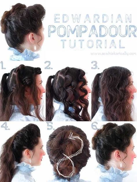 Edwardian Pompadour Hairstyle Step By Step Tutorial Gibson Girl Hair Edwardian Hair Tutorial, Edwardian Hairstyles Short Hair, Historical Hairstyles Tutorials, Victorian Vampire Hairstyles, Edwardian Pompadour, Vampire Hairstyles, Gibson Girl Hair, Edwardian Hair, Cinderella Play