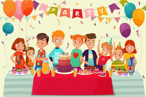 Kids Party Poster Happy Birthday Illustration, Birthday Party Images, Party Cartoon, House Cartoon, Birthday Illustration, Illustration Kids, Big Table, Party Pictures, Butterfly Pictures