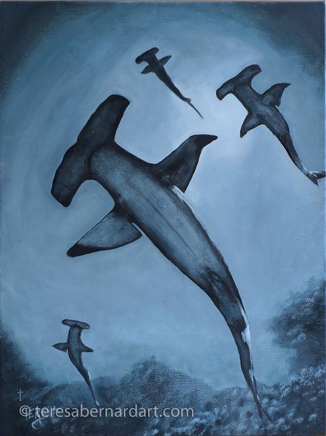 hammerhead sharks, monochromatic, oil painting, Teresa Bernard Marine Animal Painting, Shark Oil Painting, Blue Monochromatic Painting, Monochromatic Art Ideas, Monochromatic Painting Easy, Monochromatic Painting Ideas, Shark Artwork, Monochromatic Drawing, Monochromatic Watercolor