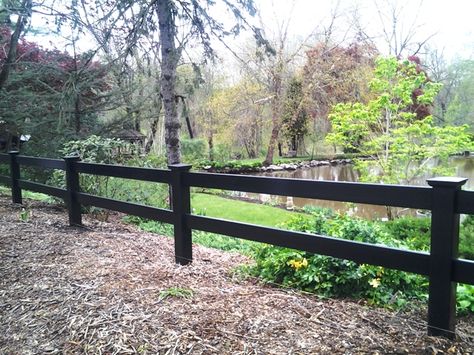 Post And 2 Rail Fence, Black Post And Rail Fence, Black Split Rail Fence, Wooden Farm Gates, Exterior Refresh, Farm Gates, Post And Rail Fence, Low Country Homes, Cabin Remodel