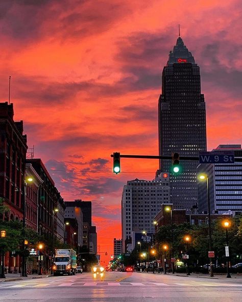 Downtown Cleveland Ohio, Sunset Color Palette, Ohio Photography, Downtown Cleveland, Honeymoon Phase, Forest City, Winter Sky, City Wall Art, Sunset Colors