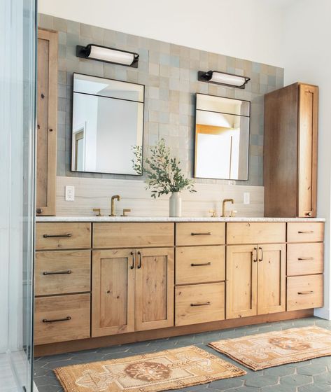 Price-20211012-288-Edit Knotty Alder Bathroom Cabinets, Alder Bathroom Cabinets, Stained Knotty Alder Cabinets, Knotty Alder Kitchen Cabinets, Diy Farmhouse Bathroom, Knotty Alder Kitchen, Farmhouse Bathroom Makeover, Bathroom Makeover On A Budget, Pebble Shower Floor