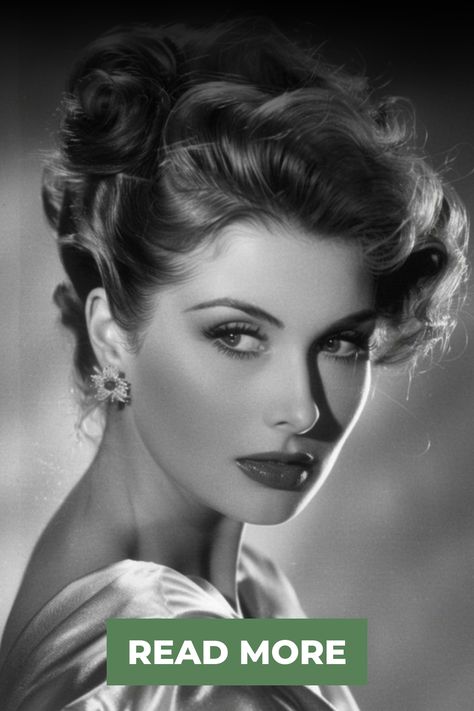 The perfect 1950s upswept updo was created by sweeping the hair away from the neck and sides and gathering it at the crown. Bangs and front hair were curled and pinned to add even more volume on top of the head. Retro Hair Updo, Vintage Up Do, 50s Updo, 1950 Hairstyles For Long Hair, 1950 Hairstyles, Retro Updo, 1950s Hairstyles, Front Hair, Messy Buns