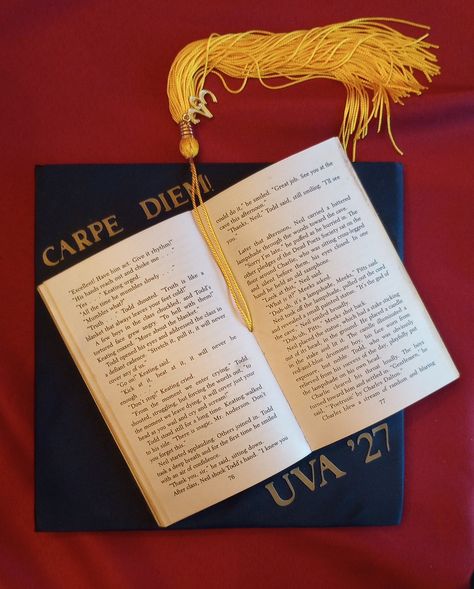 Graduation Cap Designs Book Theme, Dead Poets Society Graduation Cap, Graduation Cap Designs English Major, Graduation Cap Designs Books, Book Themed Graduation Cap, English Graduation Cap, Book Grad Cap, English Major Graduation Cap, Book Graduation Cap